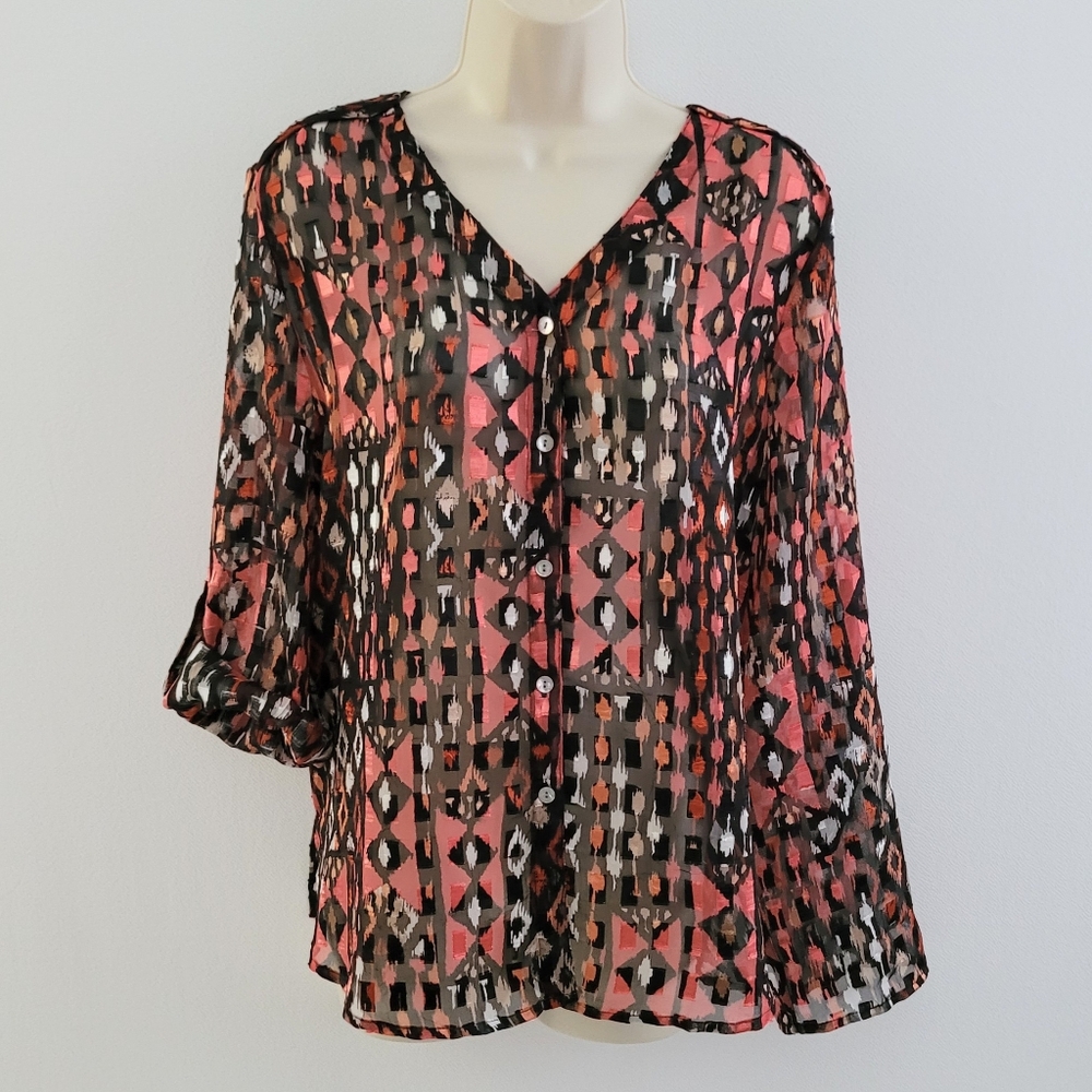 Ruby Rd Sheer Geo Print Button Up Blouse Button Tab Sleeve Size 16P Excellent